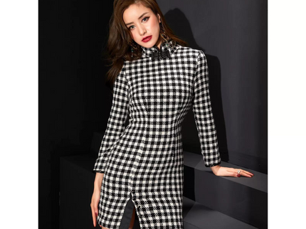 Houndstooth Pattern Long Sleeve Qipao / heongsam