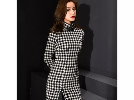 Houndstooth Pattern Long Sleeve Qipao / heongsam