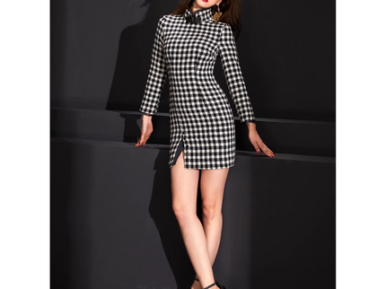 Houndstooth Pattern Long Sleeve Qipao / heongsam
