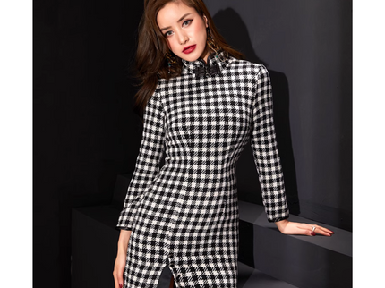 Houndstooth Pattern Long Sleeve Qipao / heongsam