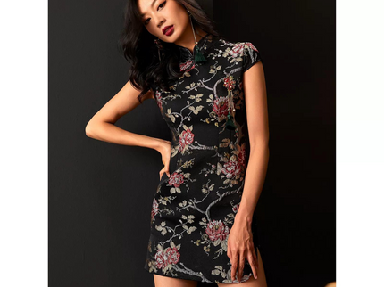 Back Zipper Floral Black Qipao / Cheongsam