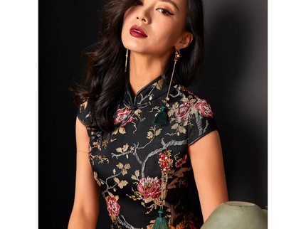 Back Zipper Floral Black Qipao / Cheongsam