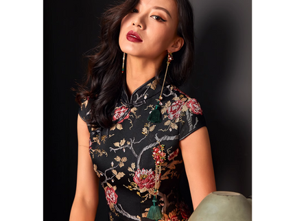 Back Zipper Floral Black Qipao / Cheongsam