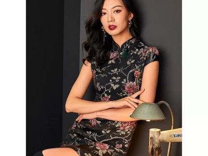 Back Zipper Floral Black Qipao / Cheongsam