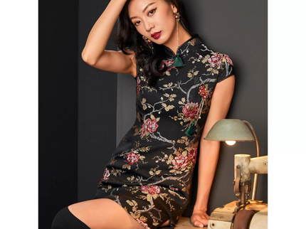 Back Zipper Floral Black Qipao / Cheongsam