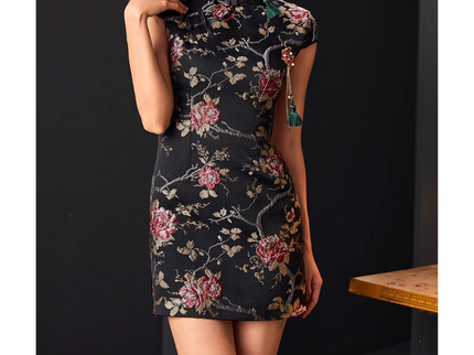 Back Zipper Floral Black Qipao / Cheongsam