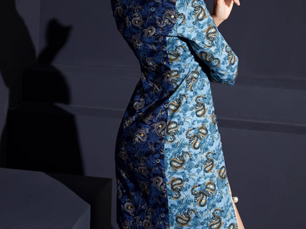 Blue Hot Stamped Ukiyoe print Dragon Qipao