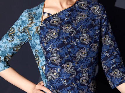 Blue Hot Stamped Ukiyoe print Dragon Qipao