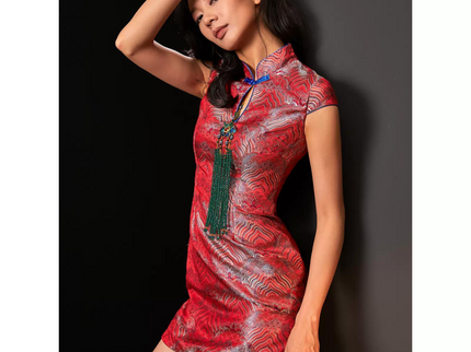 Wave Ukiyo-e Button Red Qipao / Cheongsam