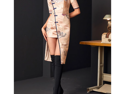 Pinkish Jacquard Brocade Sided Button Qipao / Cheongsam