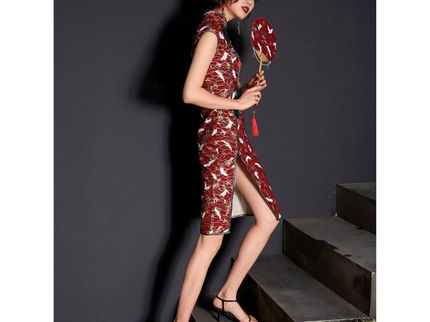 Buttoned Red Sleevless Crane Modern Qipao / Cheongsam