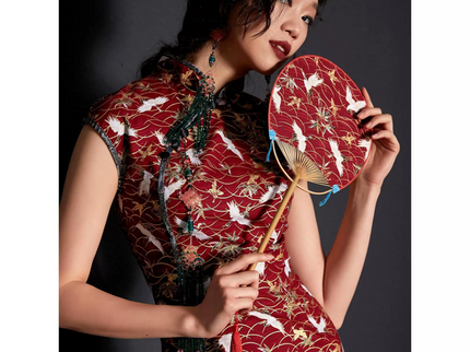 Buttoned Red Sleevless Crane Modern Qipao / Cheongsam