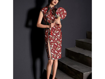Buttoned Red Sleevless Crane Modern Qipao / Cheongsam