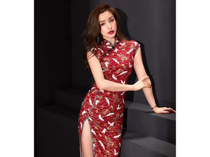 Slanted Collar Red Crane Print Qipao / Cheongsam