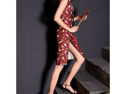 Buttoned Red Sleevless Crane Modern Qipao / Cheongsam