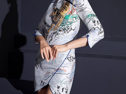 Tiger Mid Length Sleeve Qipao Jacquard Cheongsam Dress
