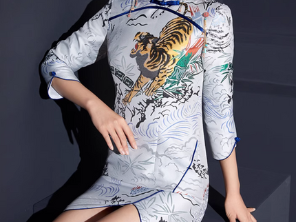 Tiger Mid Length Sleeve Qipao Jacquard Cheongsam Dress