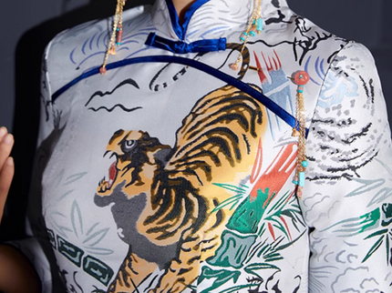 Tiger Mid Length Sleeve Qipao Jacquard Cheongsam Dress