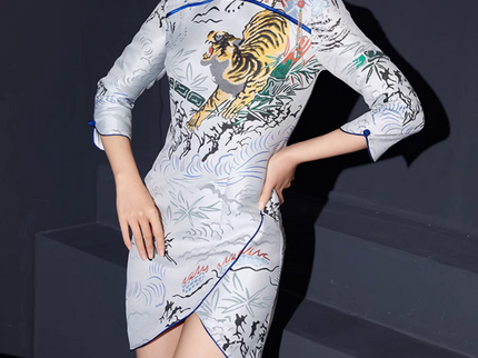 Tiger Mid Length Sleeve Qipao Jacquard Cheongsam Dress