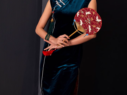 Velvet Peacock Blue Sleevless Qipao /  Cheongsam