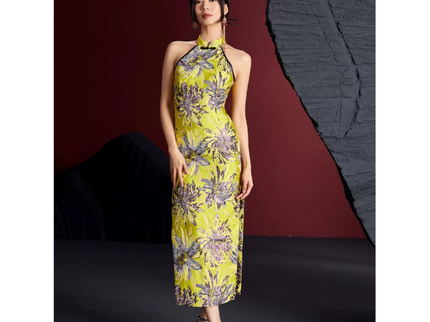 Yellow Floral Sleevless Qipao