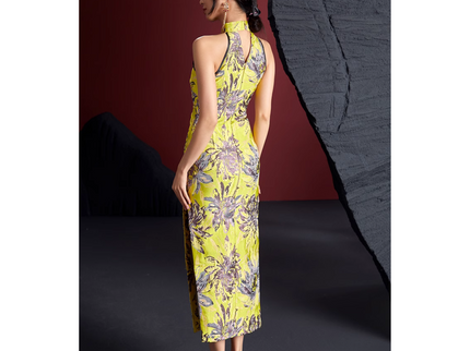 Yellow Floral Sleevless Qipao