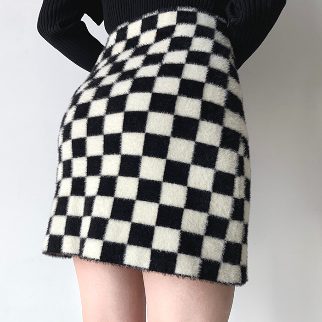Black and White Checkerboard Velvet Knit Skirt