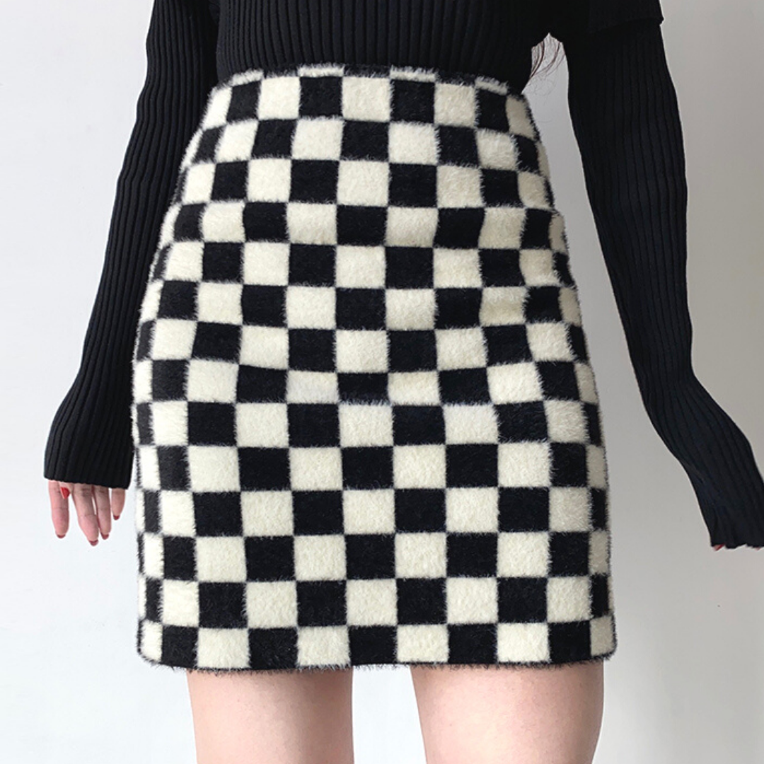 Black and White Checkerboard Velvet Knit Skirt