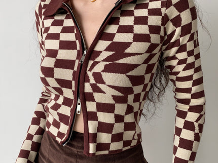 Brown Plaid Knitted Cardigan