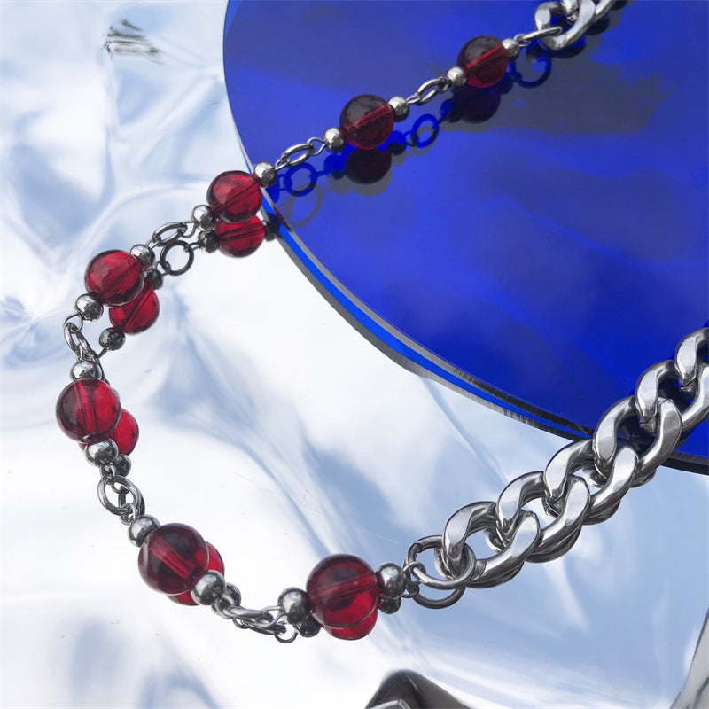 Unisex Red bead splicing Cuban necklace