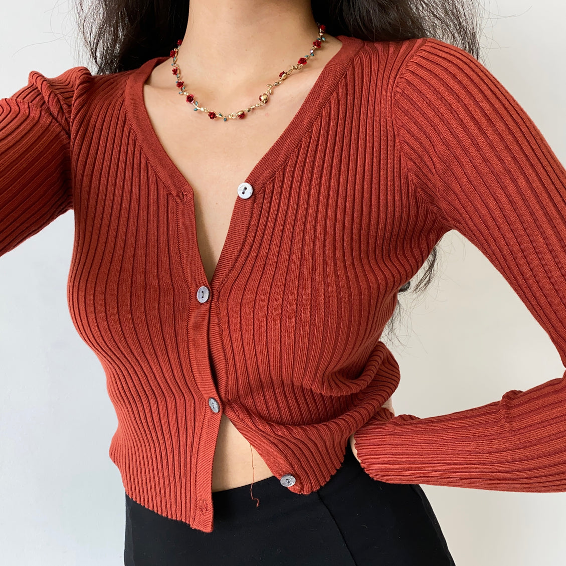 Brick Red V-Neck Cardigan