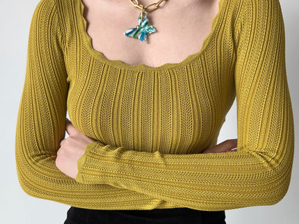 Wavy Square Neck Knit Crop Top
