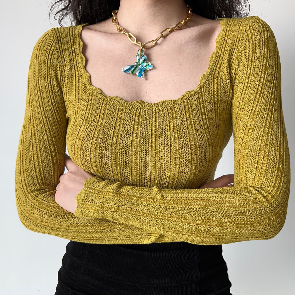 Wavy Square Neck Knit Crop Top
