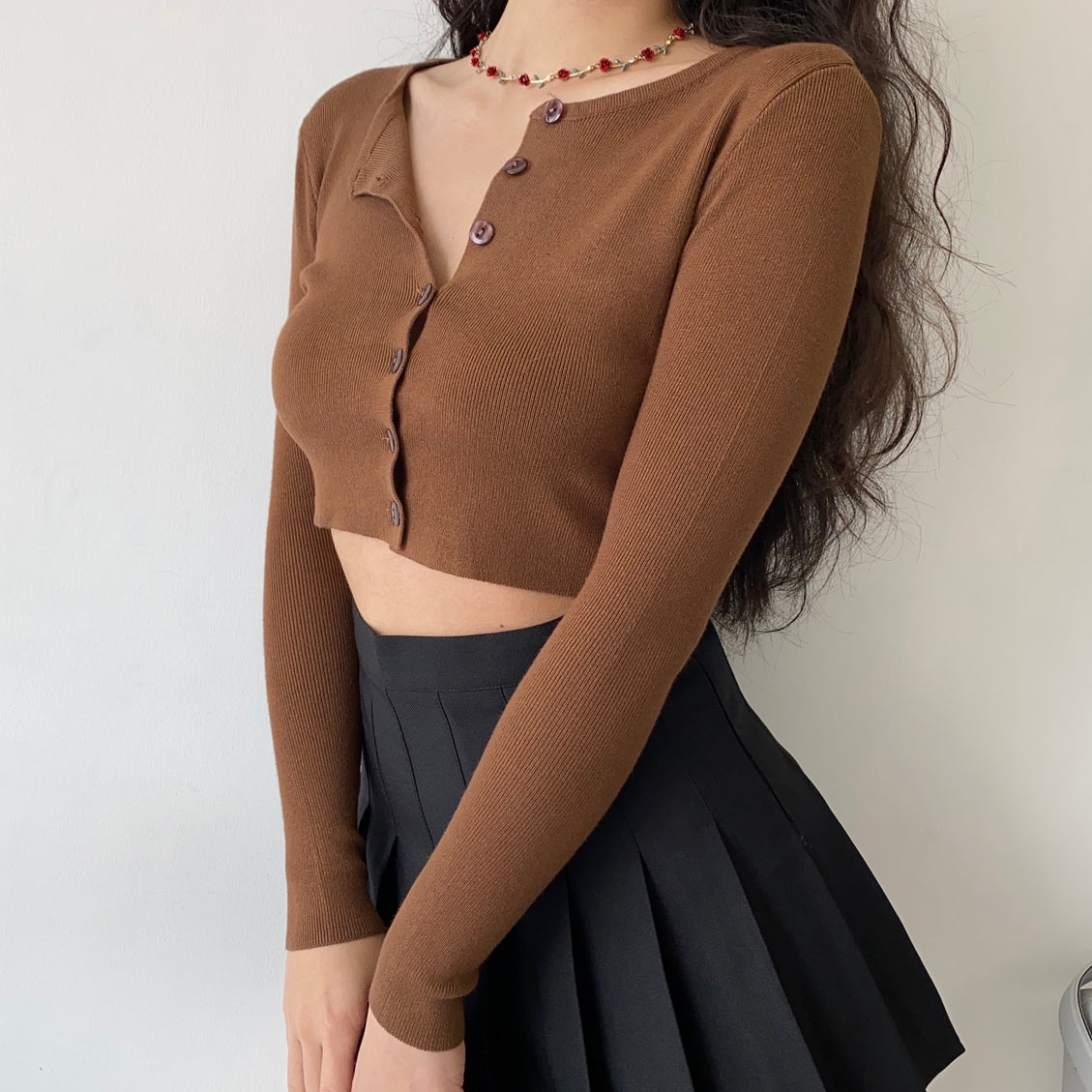 Brown Knitted Cropped Cardigan