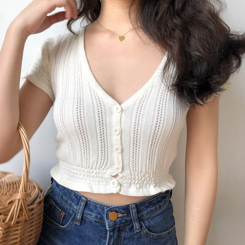 V Neck Button Up Crop Top