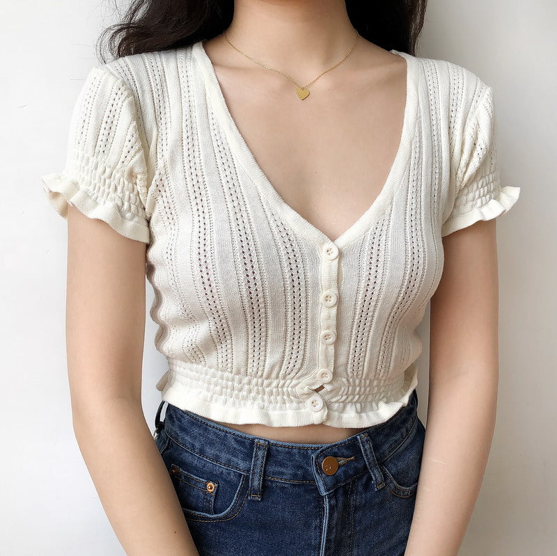 V Neck Button Up Crop Top