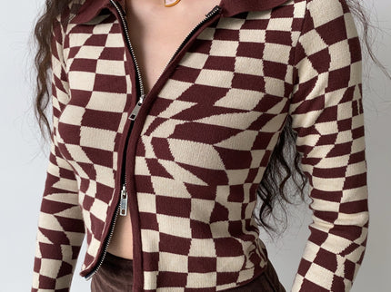 Brown Plaid Knitted Cardigan