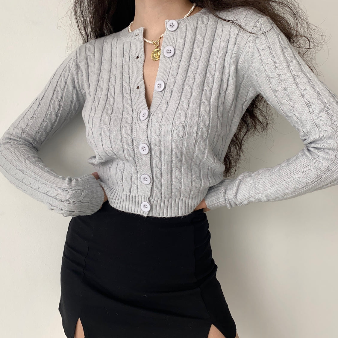 Long Sleeve Knitted Gray Gardigan