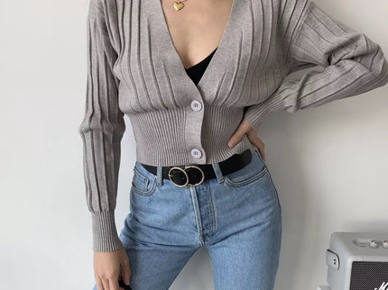 V-Neck Knitted Grey Cardigan