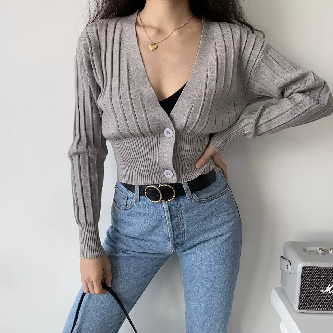 V-Neck Knitted Grey Cardigan