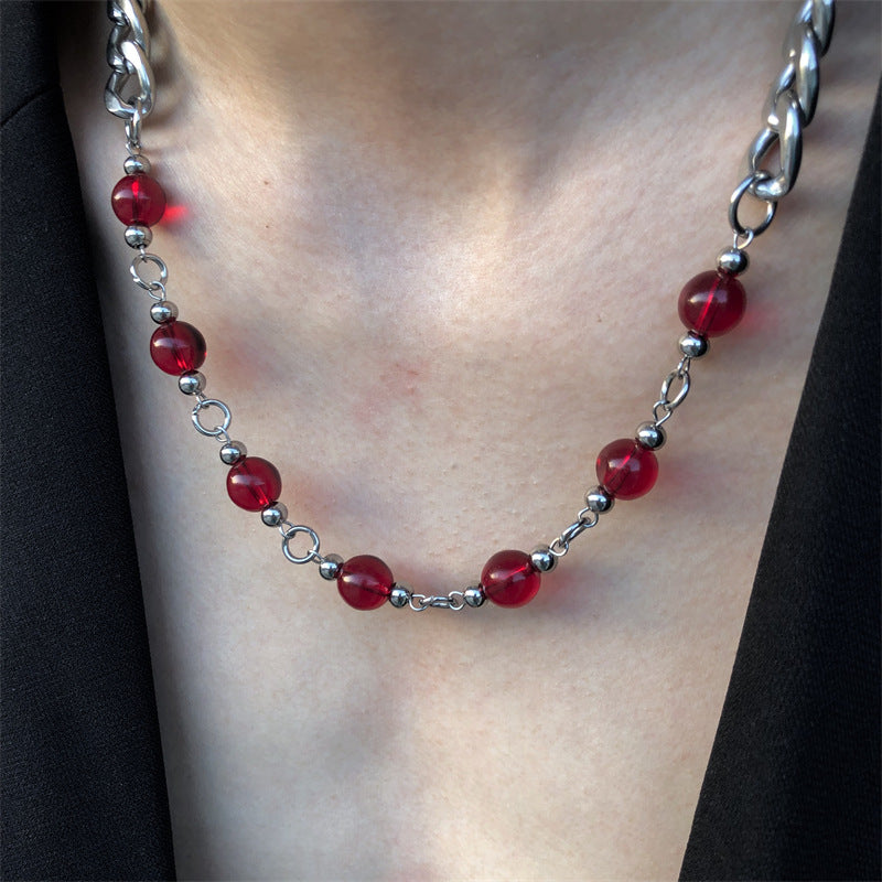 Unisex Red bead splicing Cuban necklace