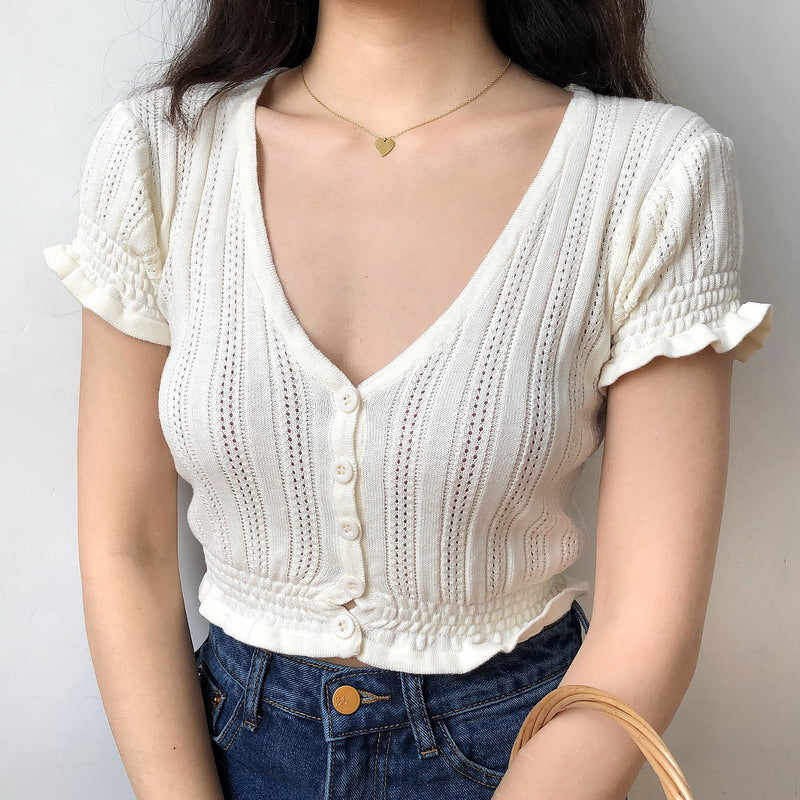 V Neck Button Up Crop Top