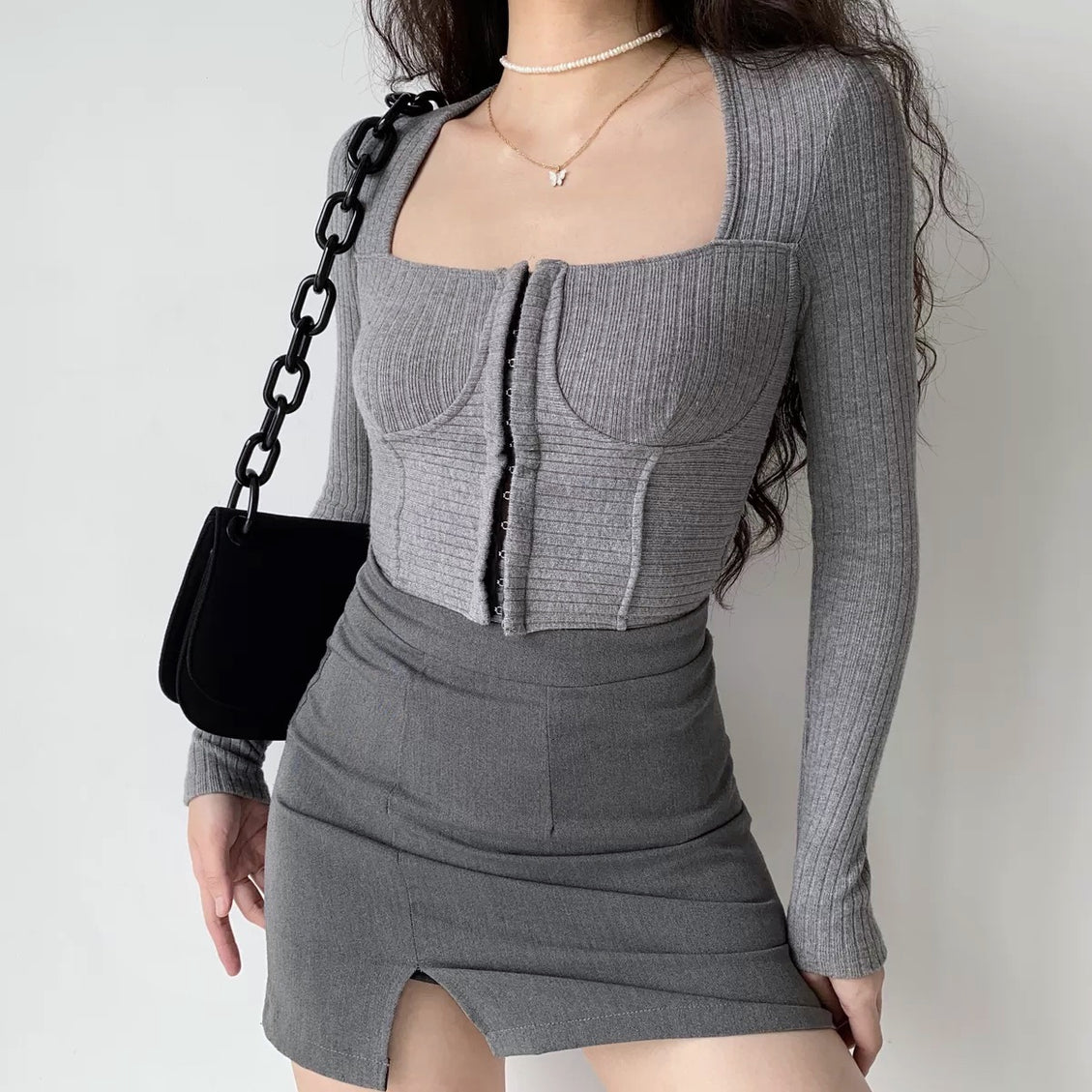 Grey Buckle Knitted Cardigan