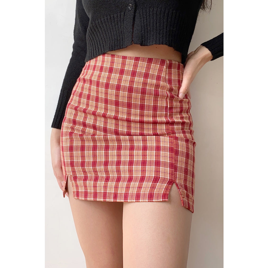 High Waist Red tartan Mini Skirt