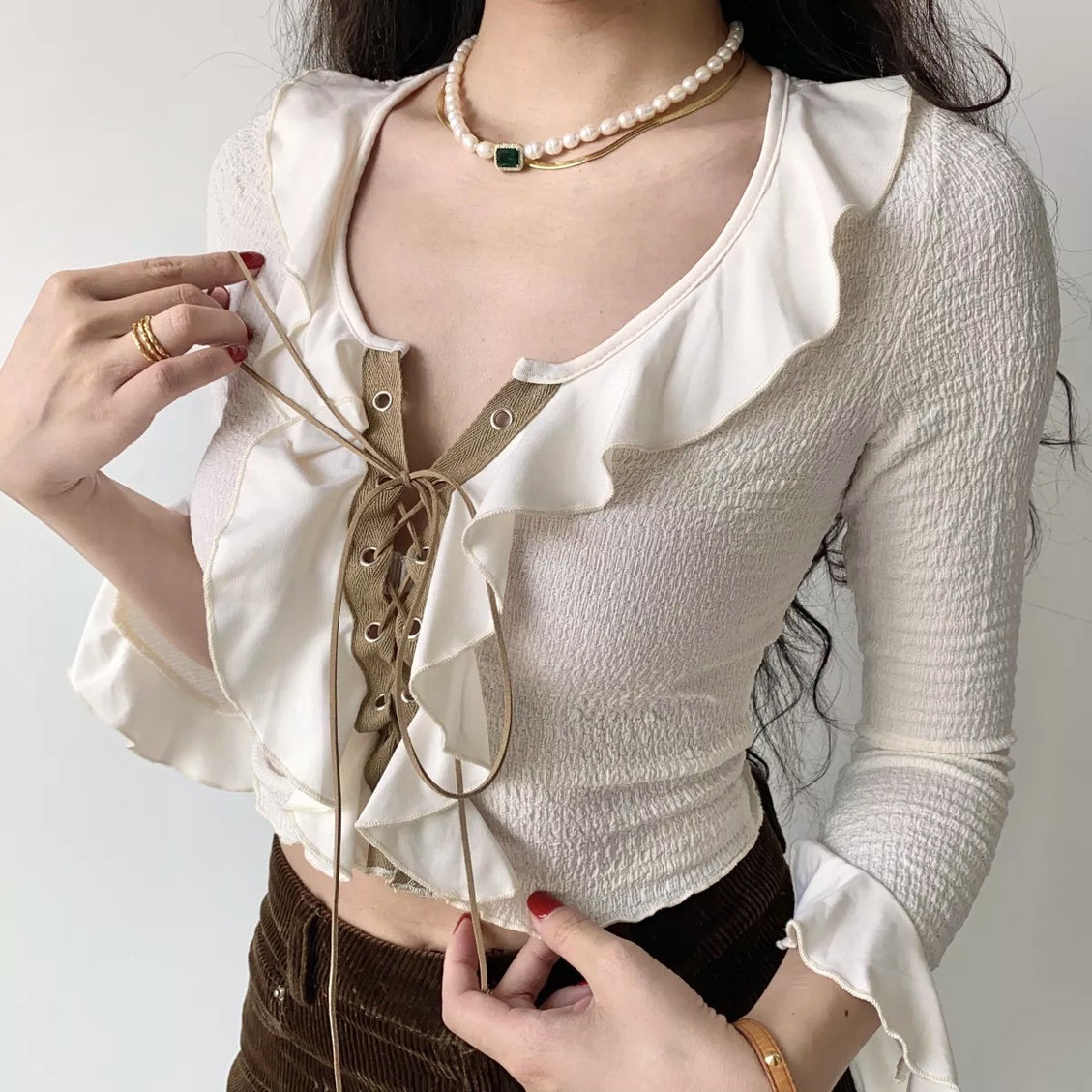 Ruffled Lace-up Crop Top