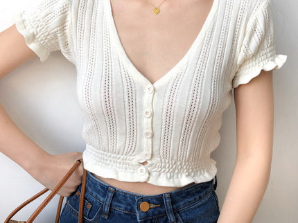 V Neck Button Up Crop Top