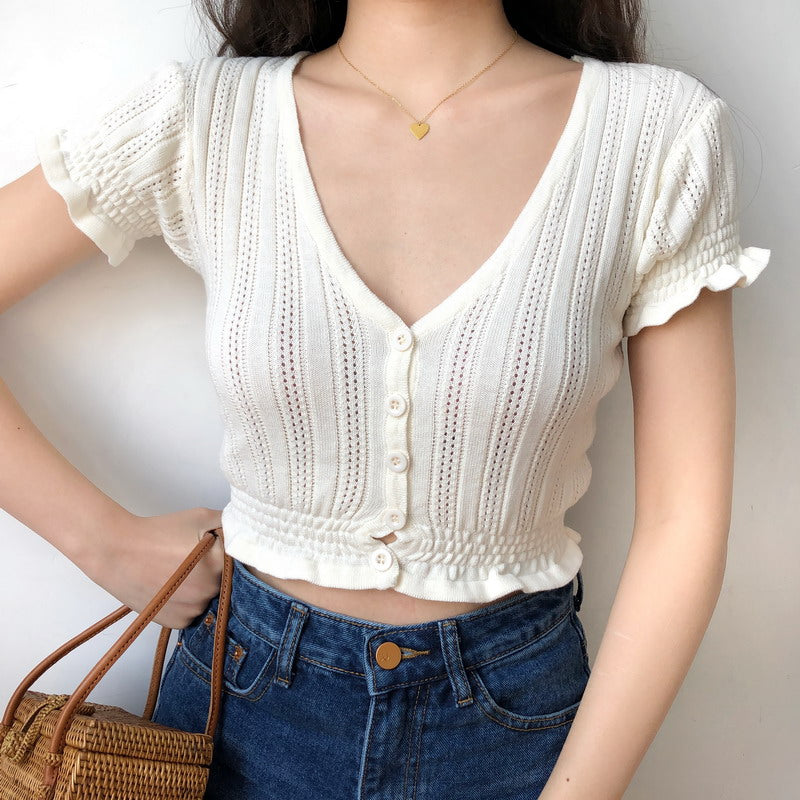 V Neck Button Up Crop Top