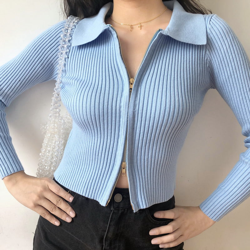 Double Zipper Lapel Cardigan