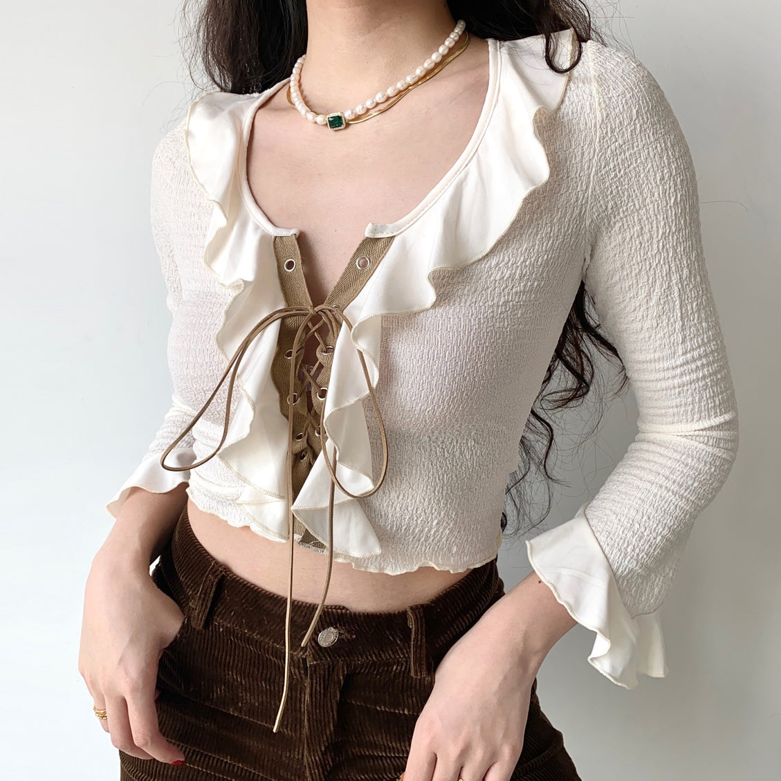 Ruffled Lace-up Crop Top
