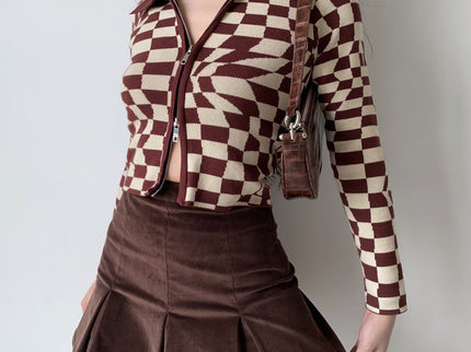 Brown Plaid Knitted Cardigan